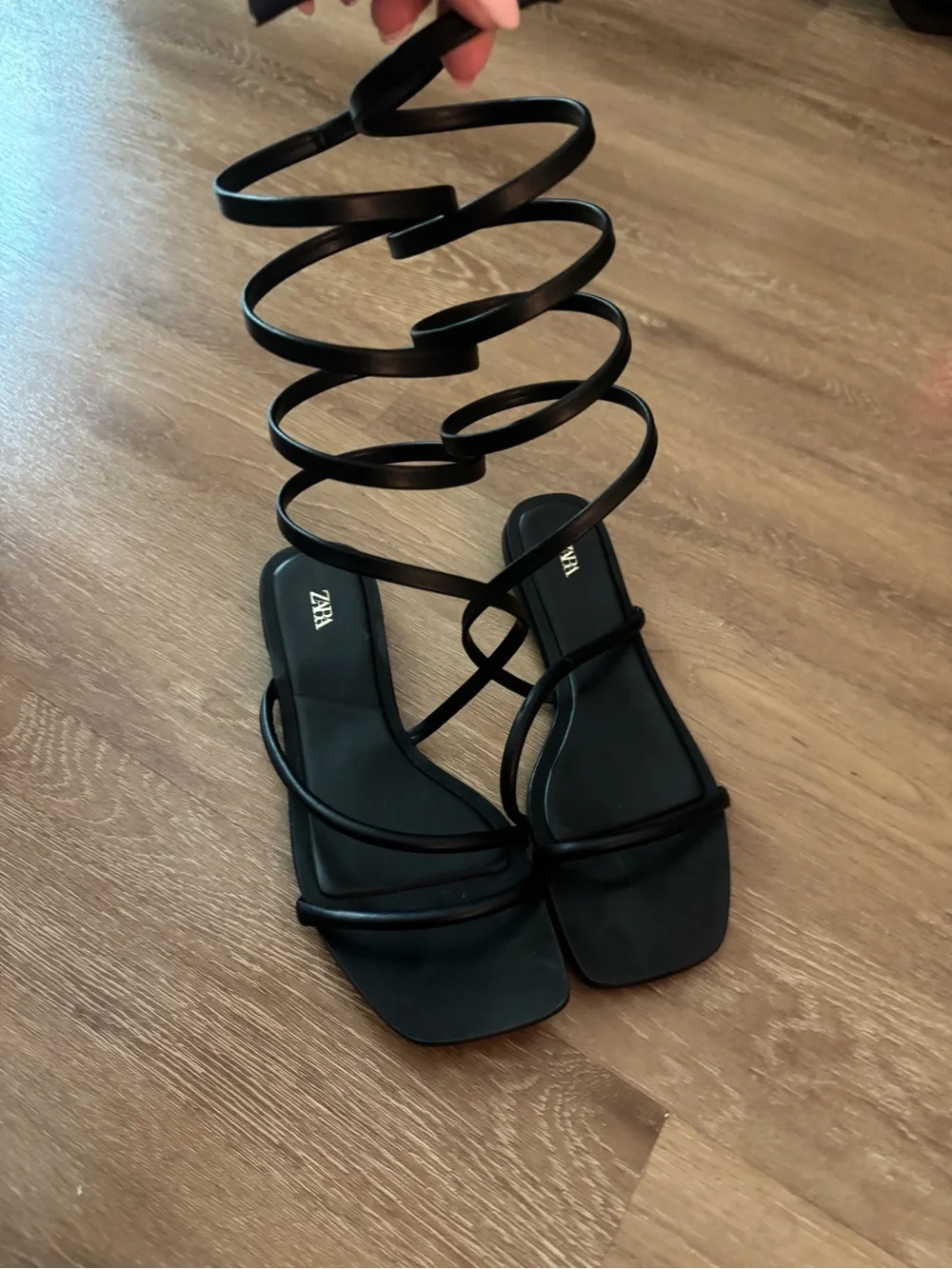 Zara Black Spiral Lace-Up Square-Toe Flat Sandals